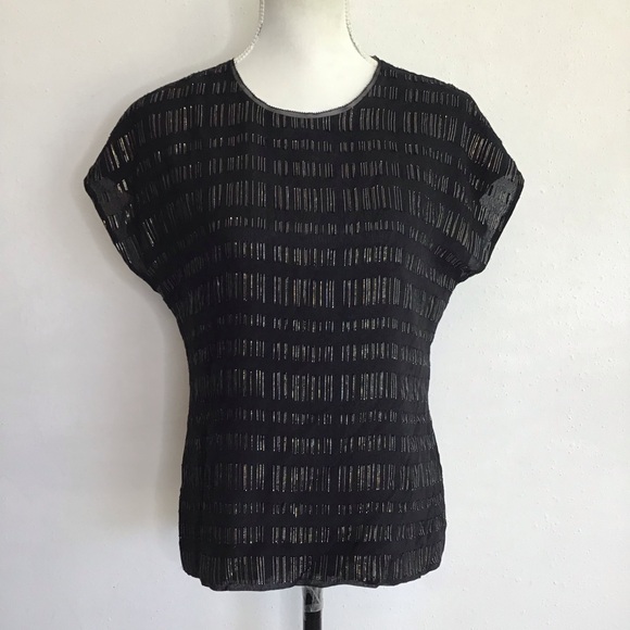 Reiss Tops - Reiss Black Sheer Striped Short Sleeve Blouse